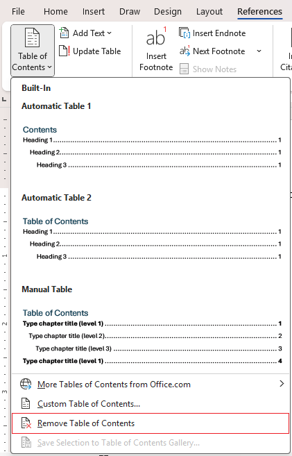 Remove table of contents on ribbon in Word